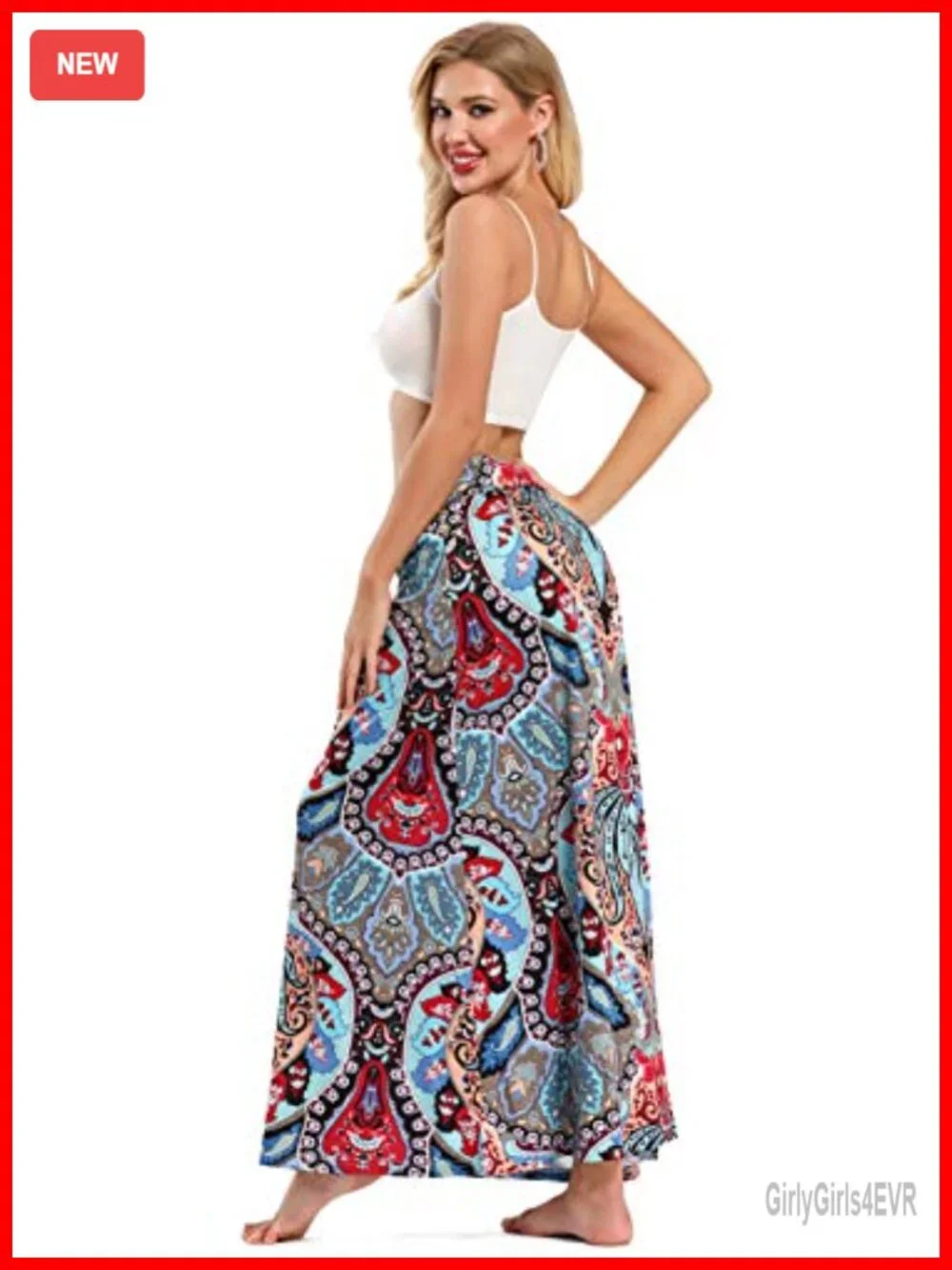 Bohemian Print Long Maxi Skirt Elastic Waist A-Line Flowy Beach Vacation